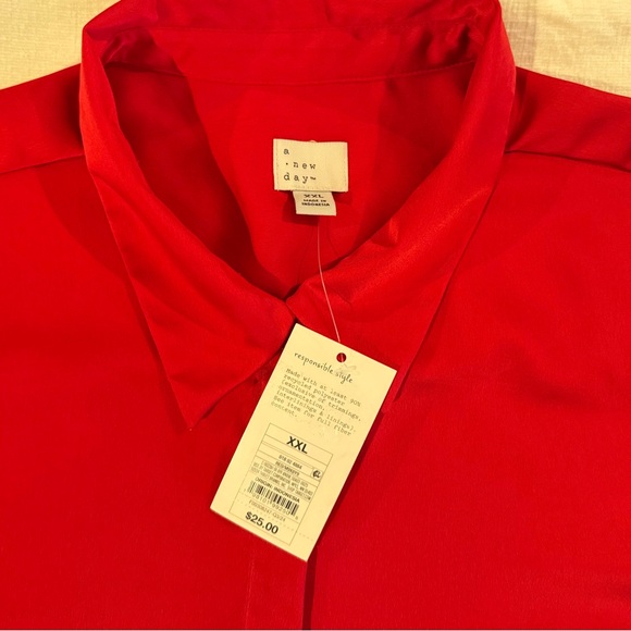 Long Sleeve Collared Satin Button Down Shirt Scarlet Red. Size:2XL - Picture 6 of 8